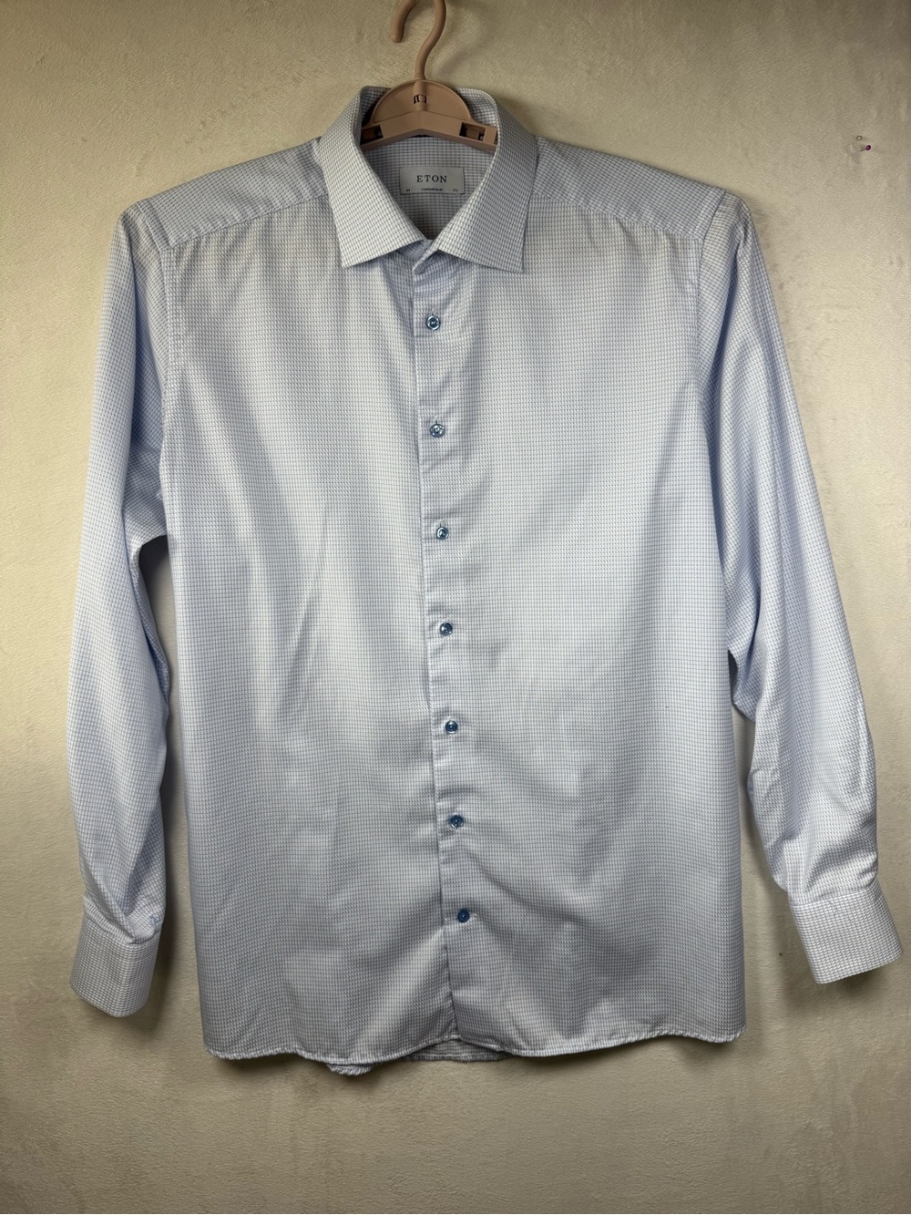 Eton Mena  Light Blue Textured Mini Checked Dress Shirt 17.5